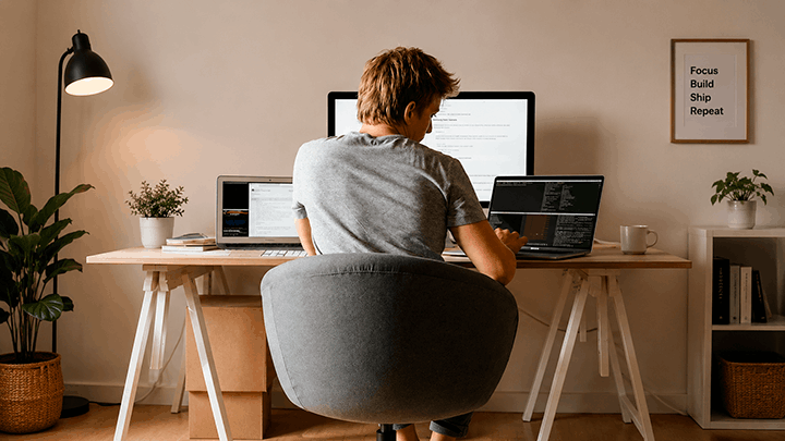 An OfferUp contractor working across multiple screens at a home desk
