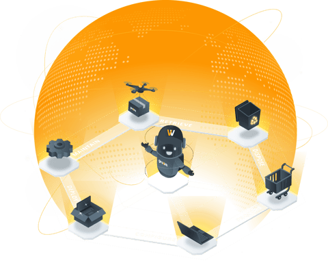 Illustration of a globe surrounded by connected laptops and devices