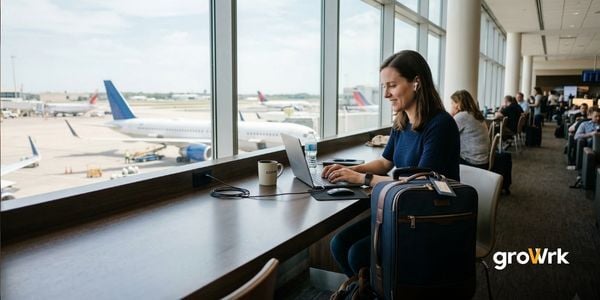 Frequent traveler working from an airport lounge