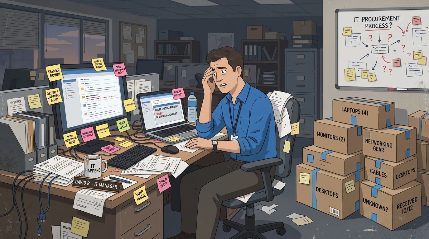 Stressed IT manager at a cluttered desk surrounded by unopened equipment boxes