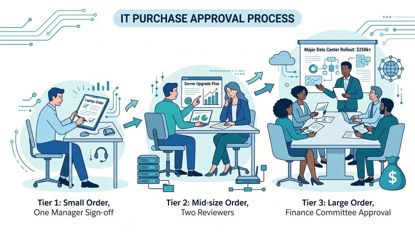 Tiered approval workflow matching IT procurement review depth to purchase size