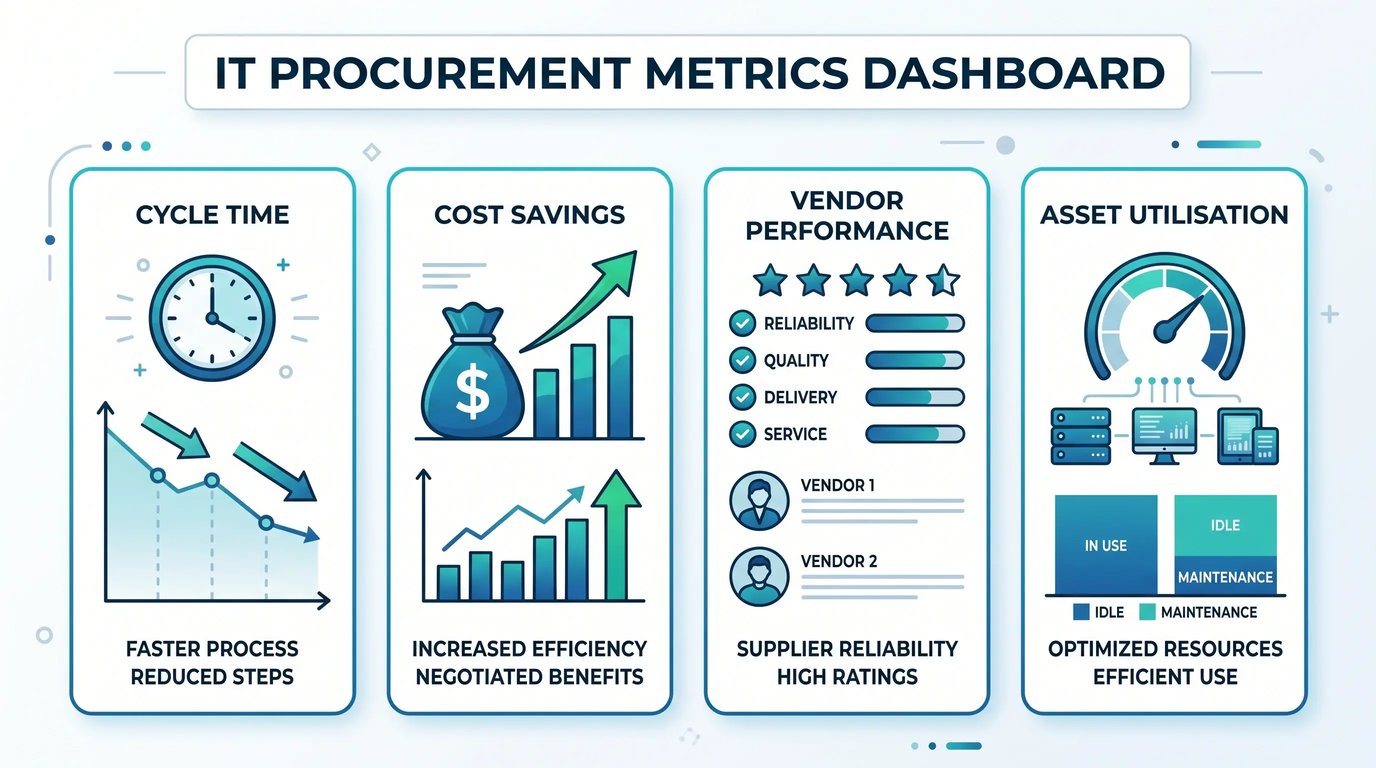 IT procurement metrics dashboard tracking cycle time, savings and vendor performance