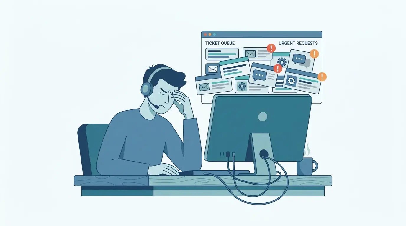 Frustrated IT helpdesk worker on a call