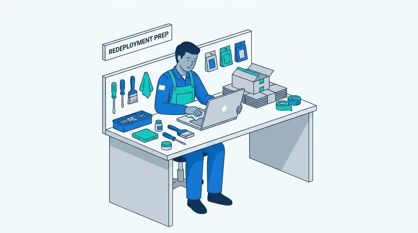Warehouse worker cleaning and preparing a laptop