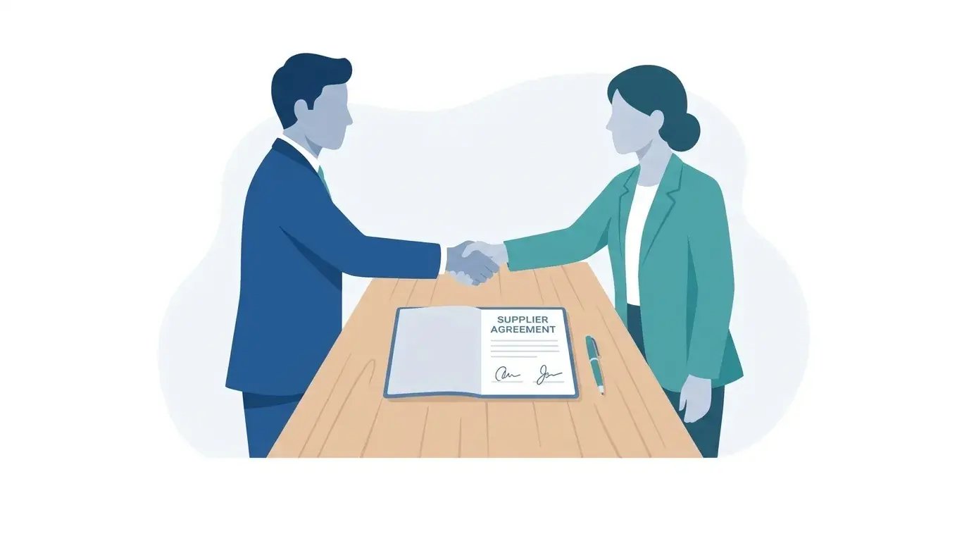 Two business professionals shaking hands across a table