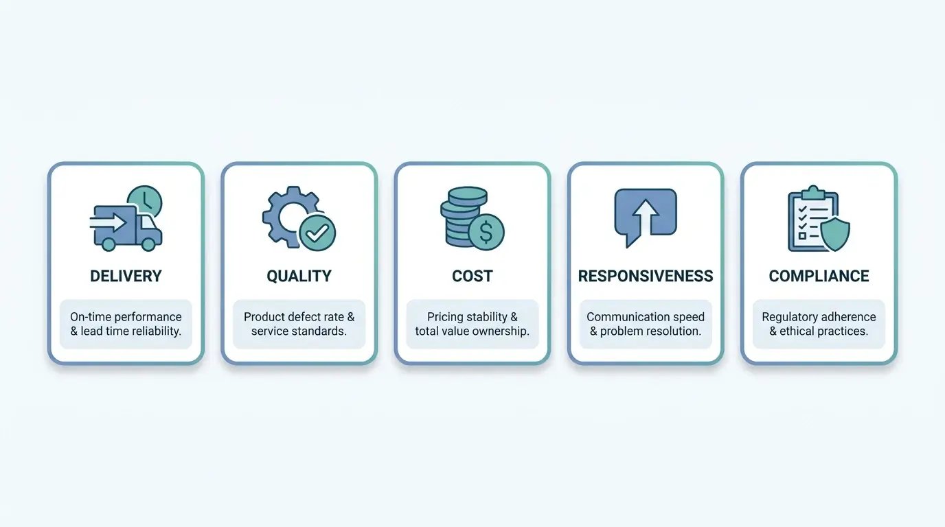 Vendor scorecard metric categories covering delivery, quality, cost, responsiveness and compliance