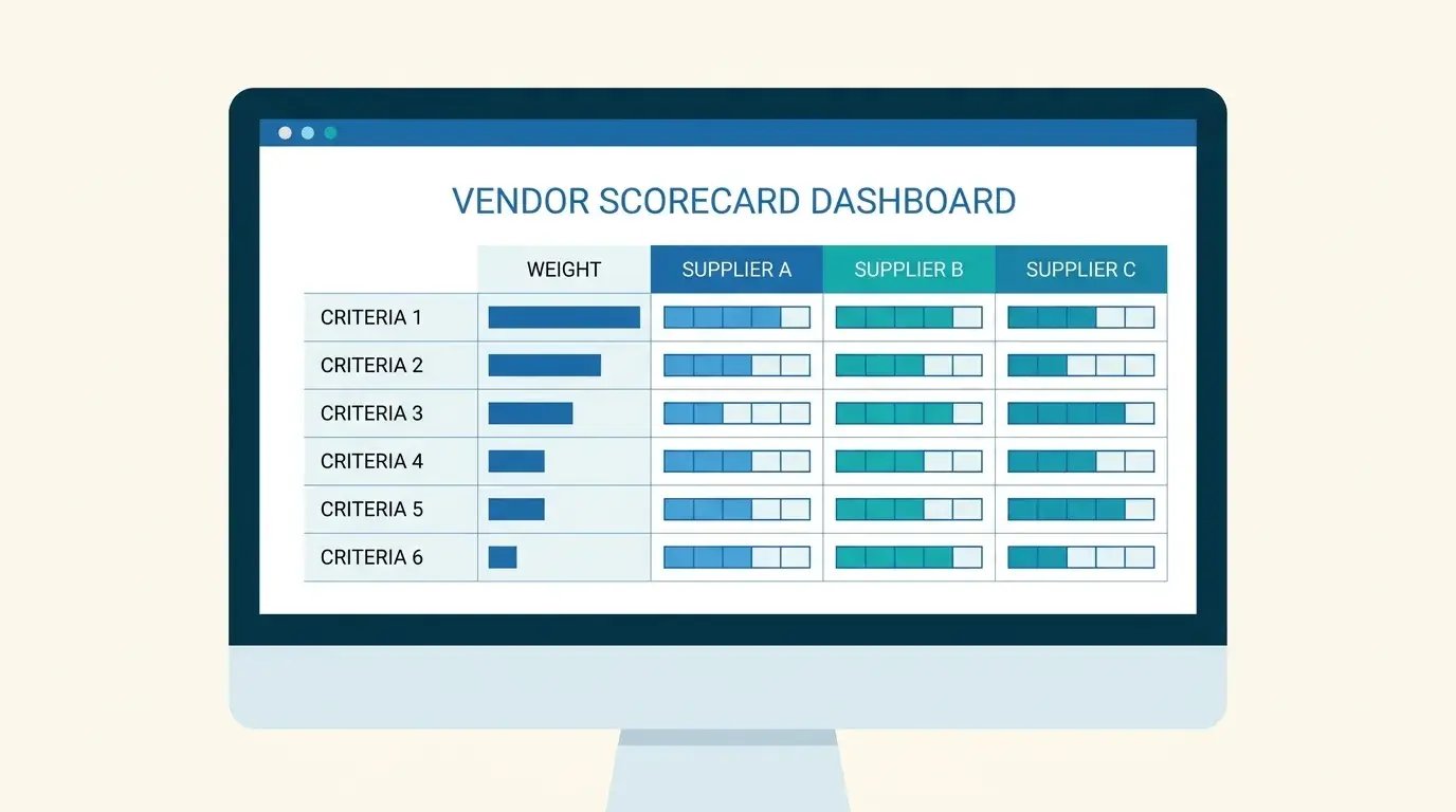 Completed vendor scorecard template with weighted criteria and scores per supplier