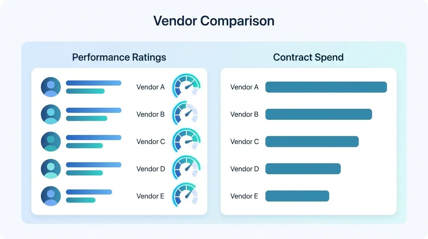 Vendor scores displayed next to contract spend to reveal cost against performance