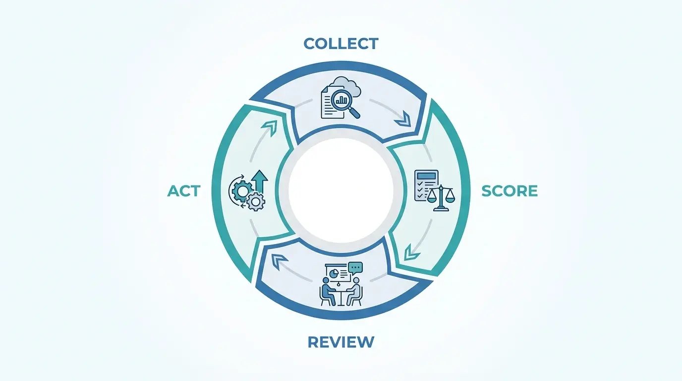 Quarterly vendor review cycle from data collection through scoring to action