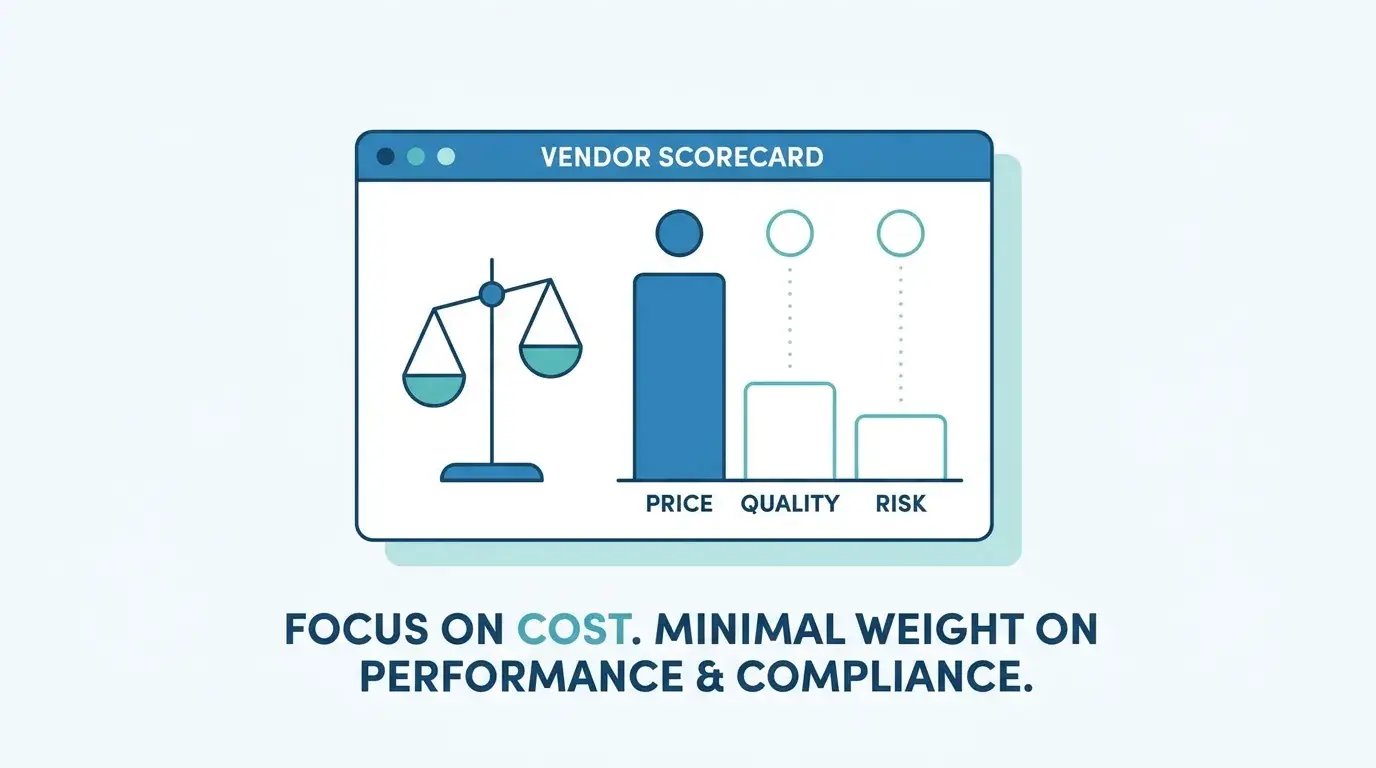 Vendor scorecard weighted toward price alone while quality and risk go unmeasured