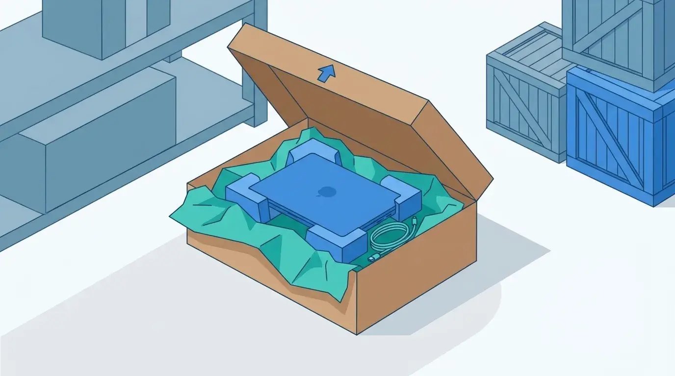 Laptop in a shipping box on a warehouse