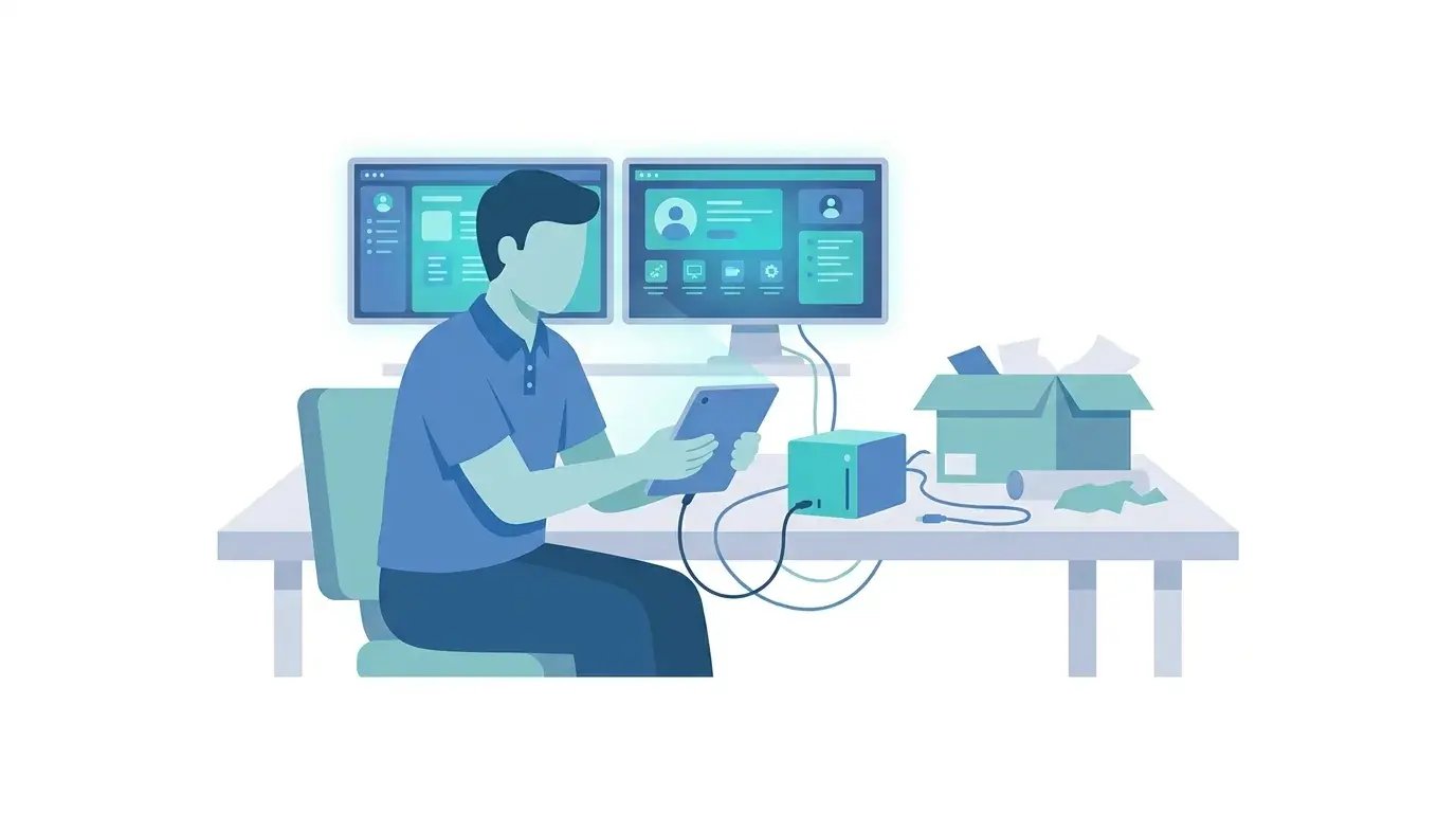 IT admin at a dual-monitor desk configuring a device