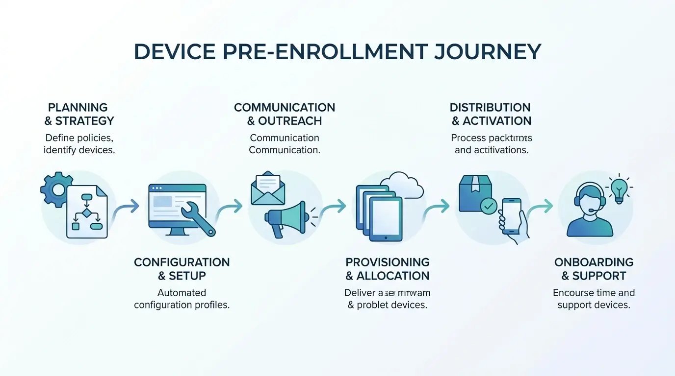 Infographic showing a device pre-enrollment journey with icons