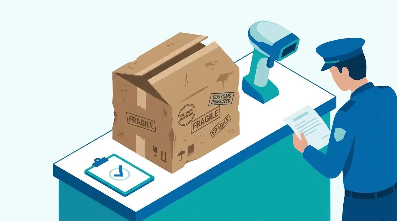 Battered international shipping box held at a customs