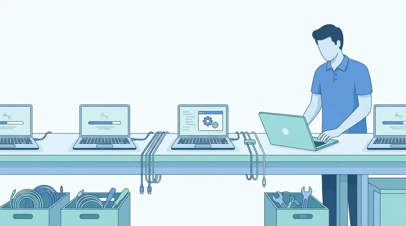 Device staging station with several laptops open