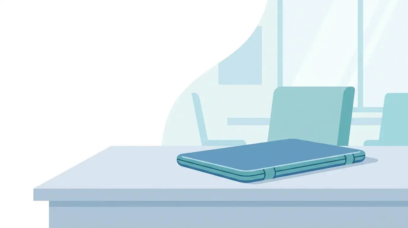 Lone unattended company laptop on an empty desk