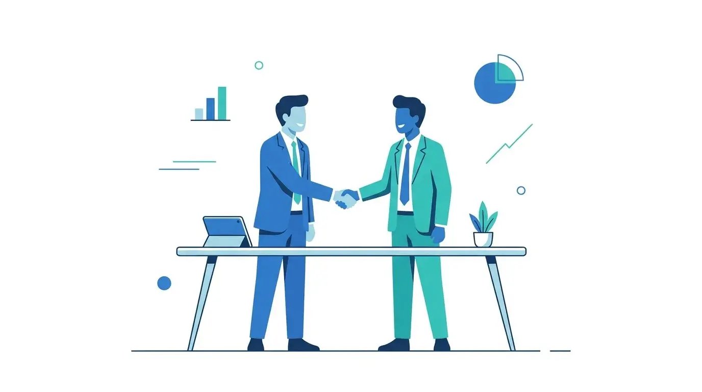 Two business professionals shaking hands across a table