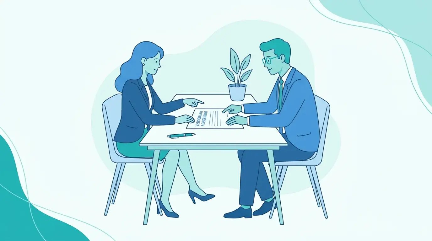 Two people calmly reviewing an exit agreement