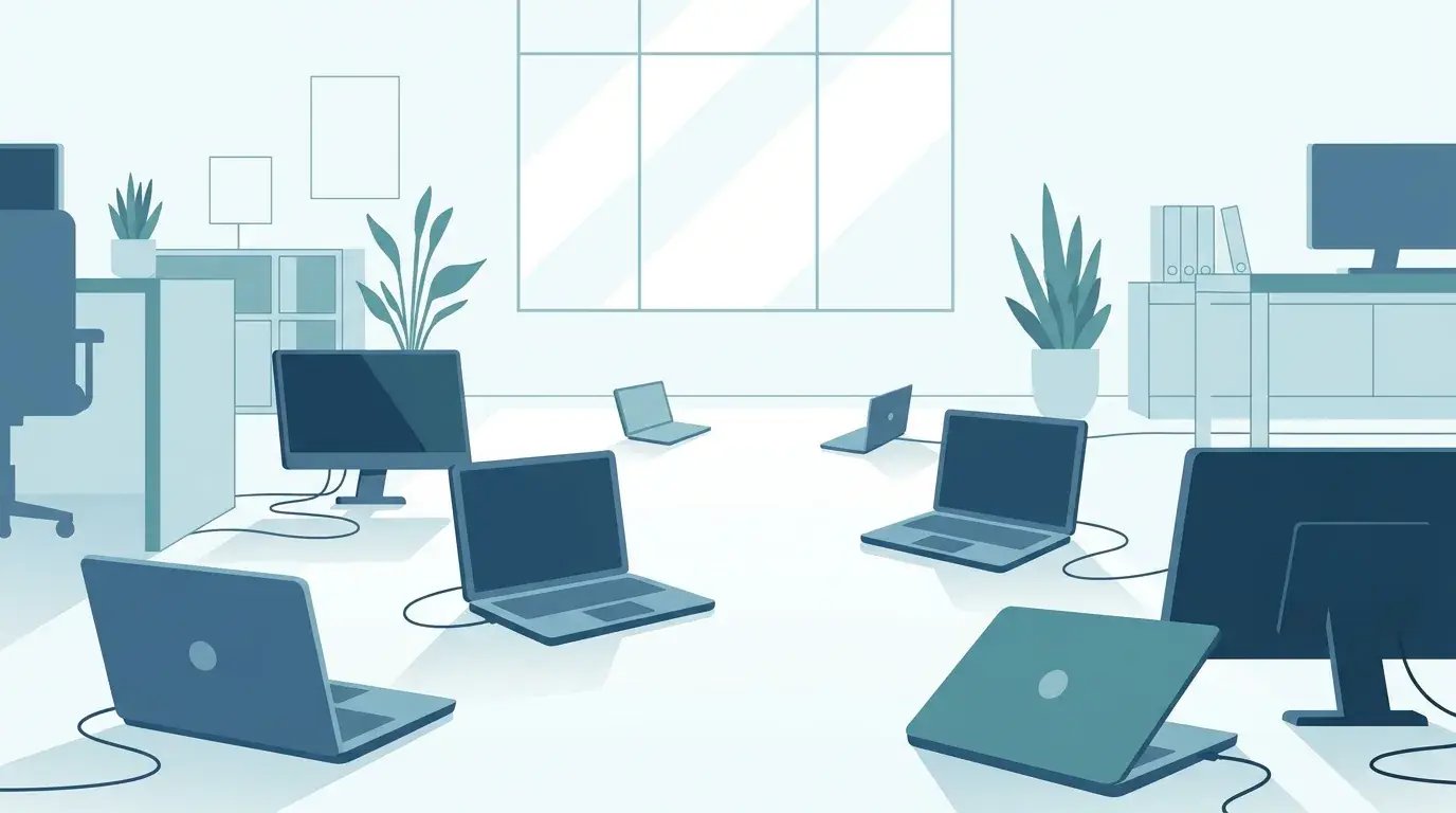 Scattered idle laptops and monitors sitting unused