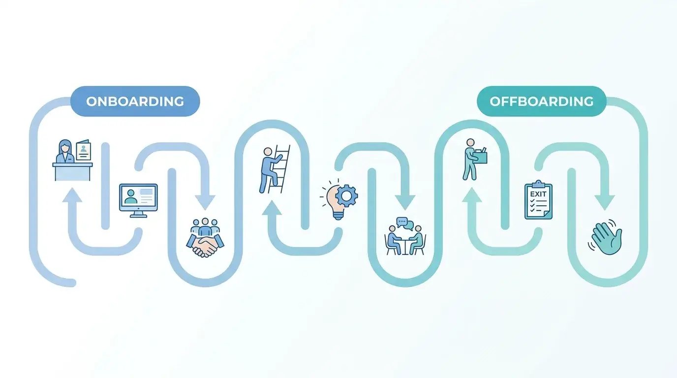 Employee lifecycle timeline showing onboarding and offboarding stages