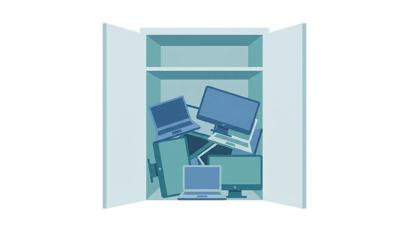 Unlabeled laptops and monitors stacked in a closet