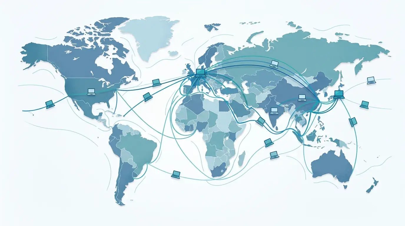 World map with laptop shipping routes across countries