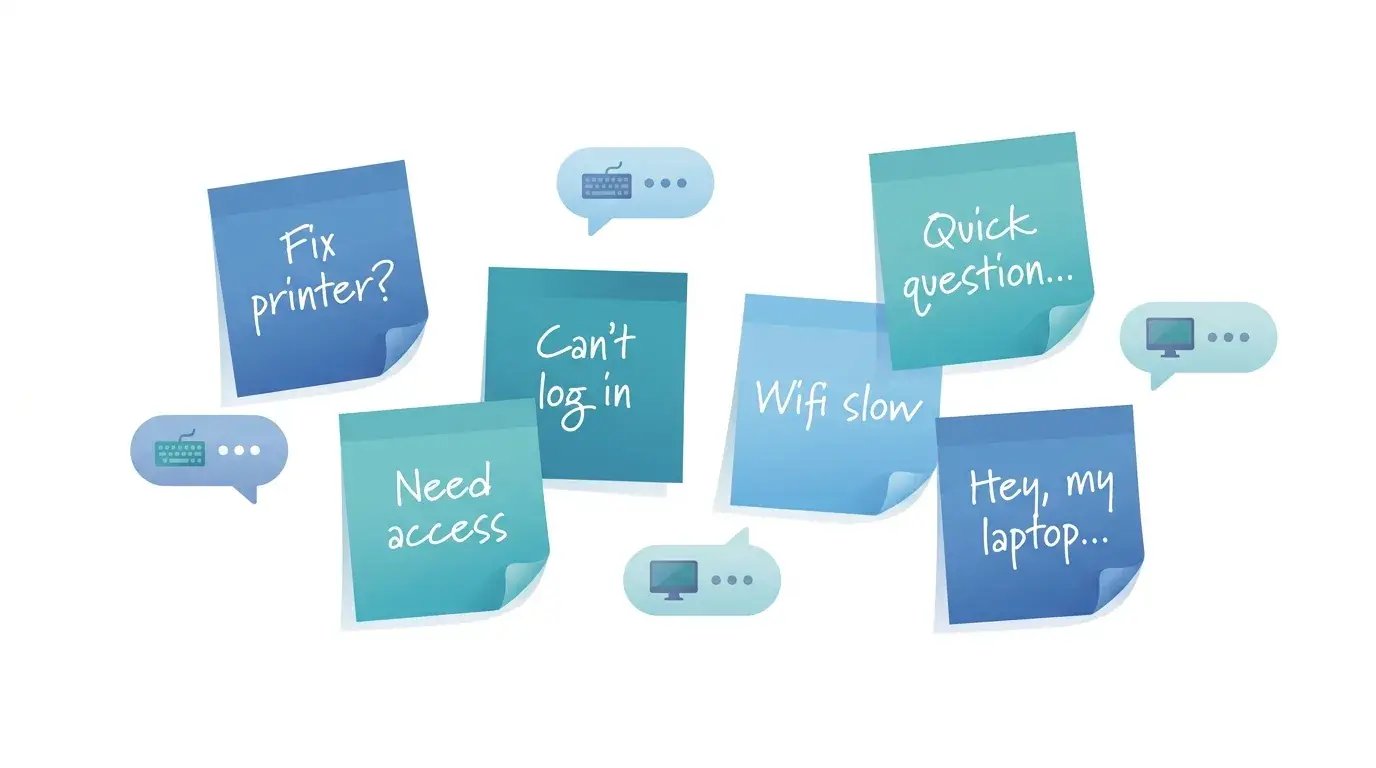 Scattered sticky notes and floating chat bubbles