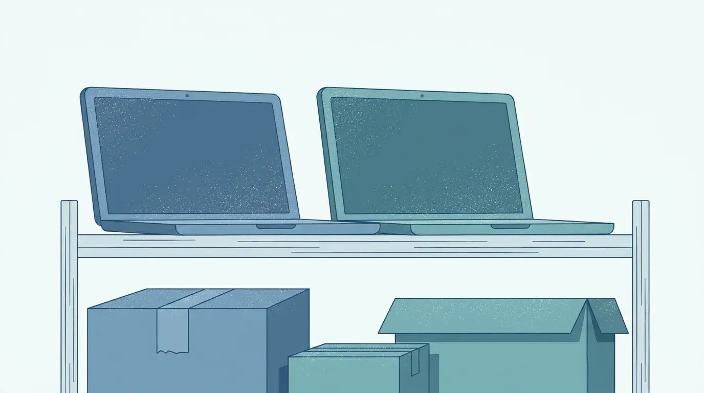 Two unused laptops forgotten on a shelf