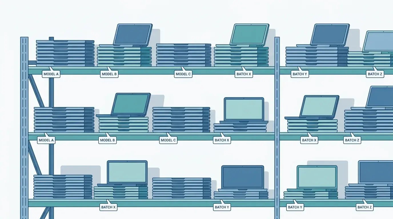 Neatly stacked labeled laptops on organized shelves