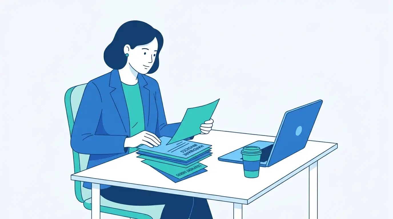 Finance professional reviewing a stack of invoices