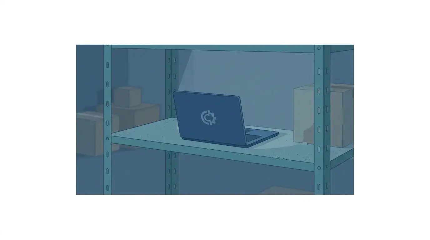 A lonely company laptop forgotten on a dim shelf