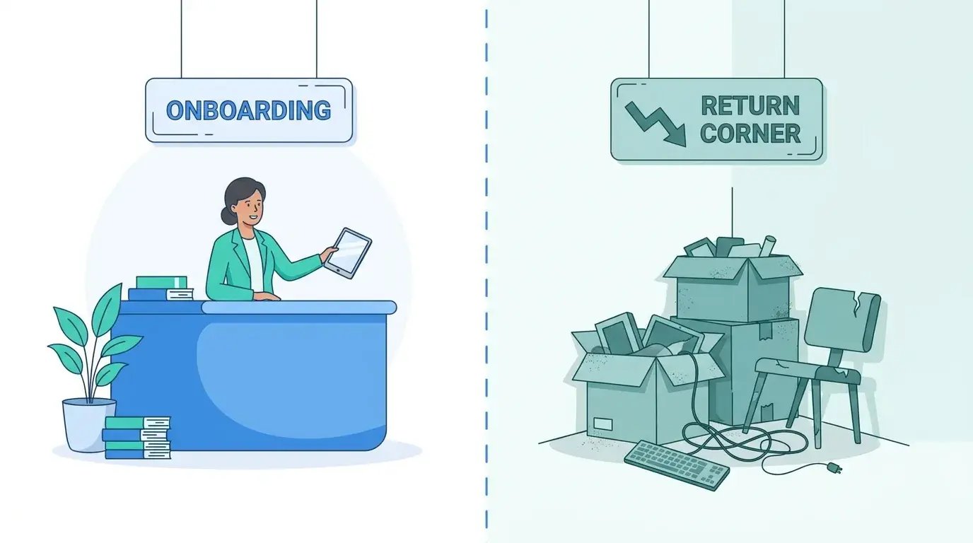 Bright onboarding desk versus neglected offboarding return