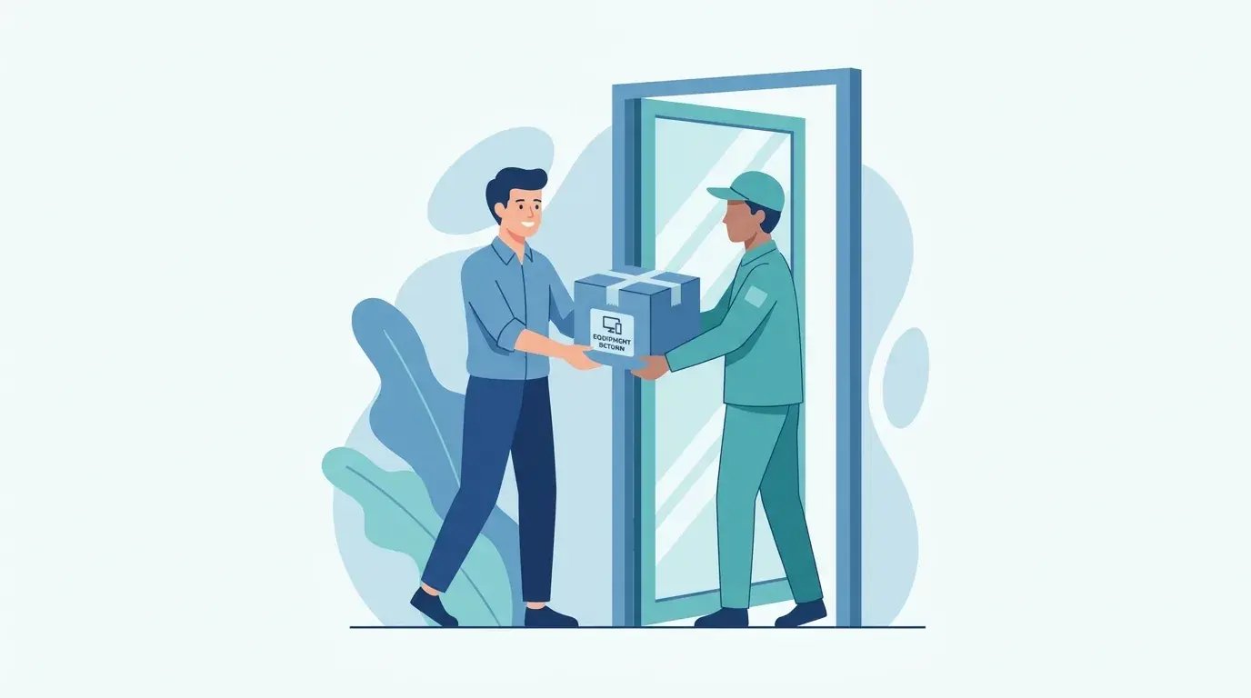 Departing employee handing a sealed return box to courier