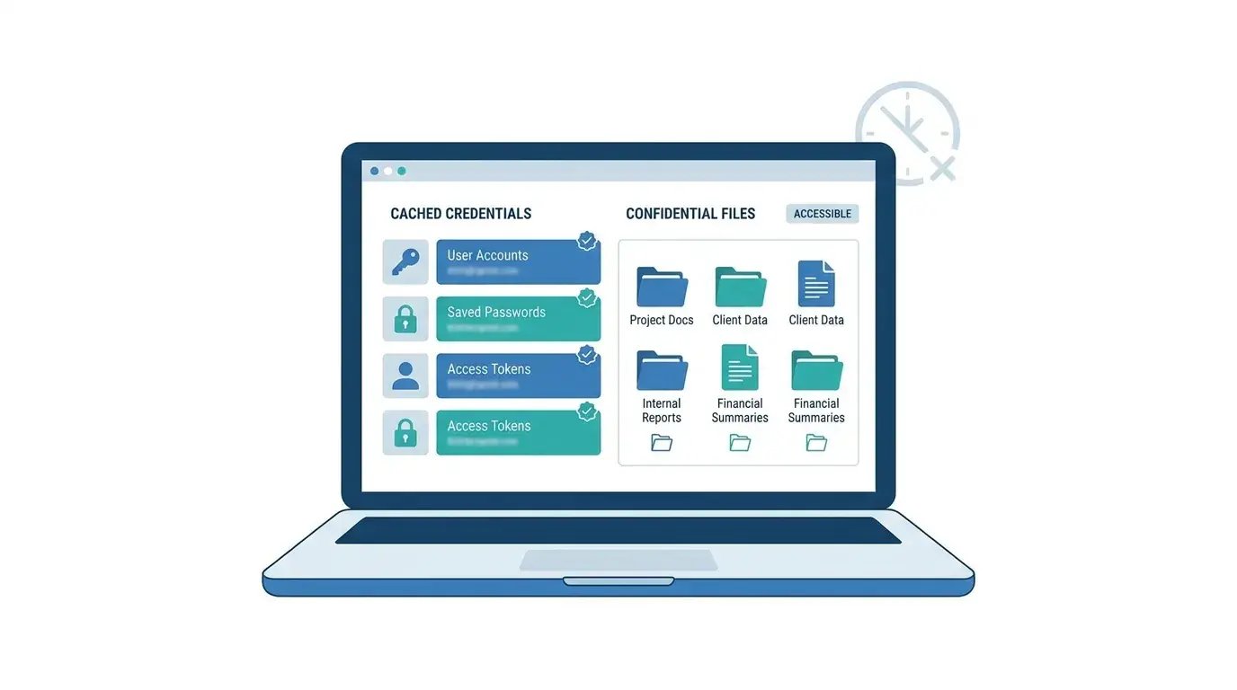 Laptop screen showing cached credentials and confidential files