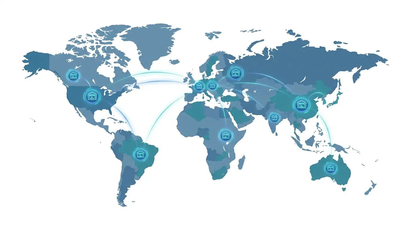 World map with glowing regional warehouse icons