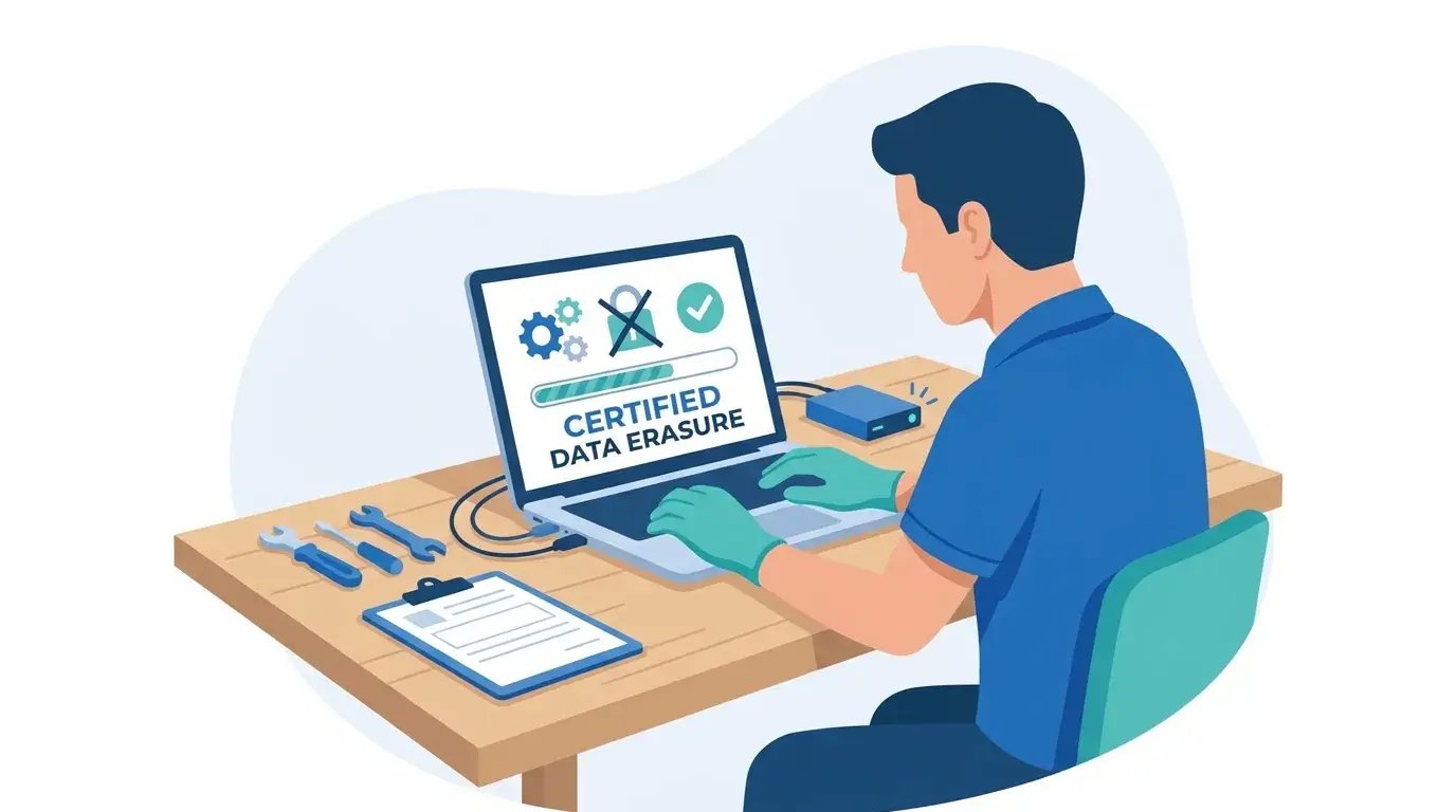 Technician running certified data erasure on a laptop