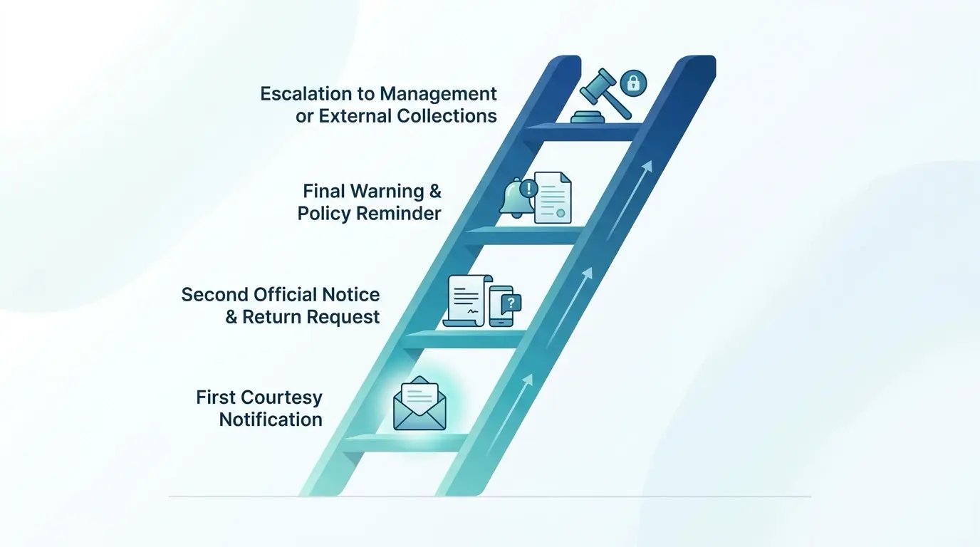 Infographic of four-step escalation ladder for unreturned devices
