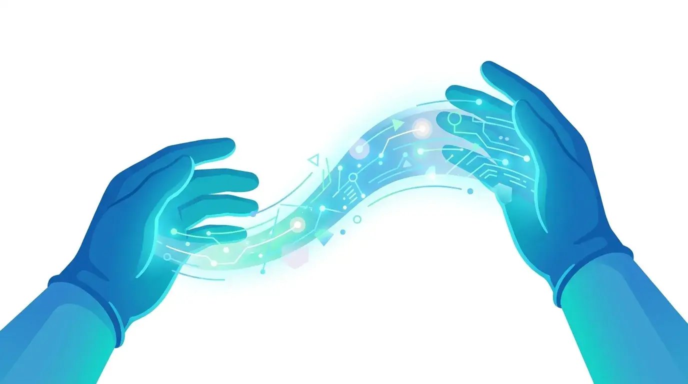 Two hands passing a glowing data stream