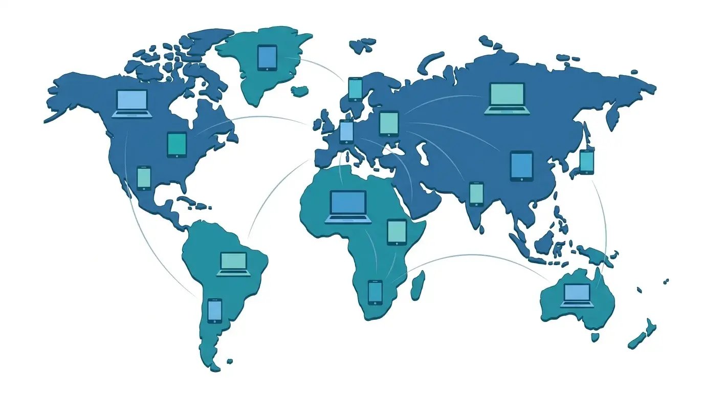 World map with laptops and devices across regions