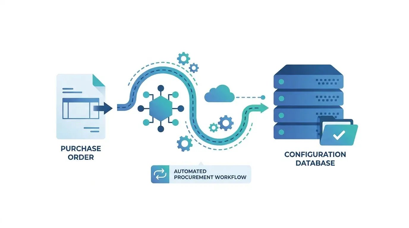 Automated procurement workflow linking order to CMDB