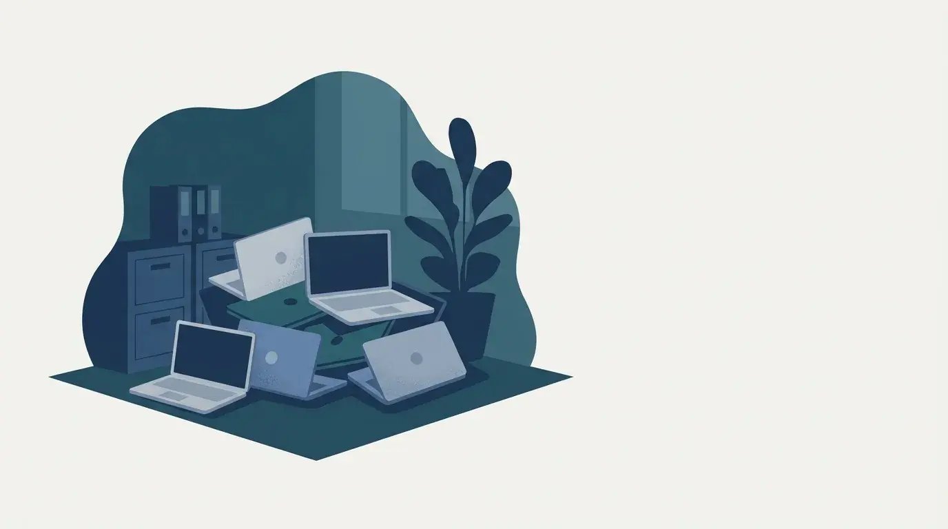 Forgotten laptops stacked in a dim office