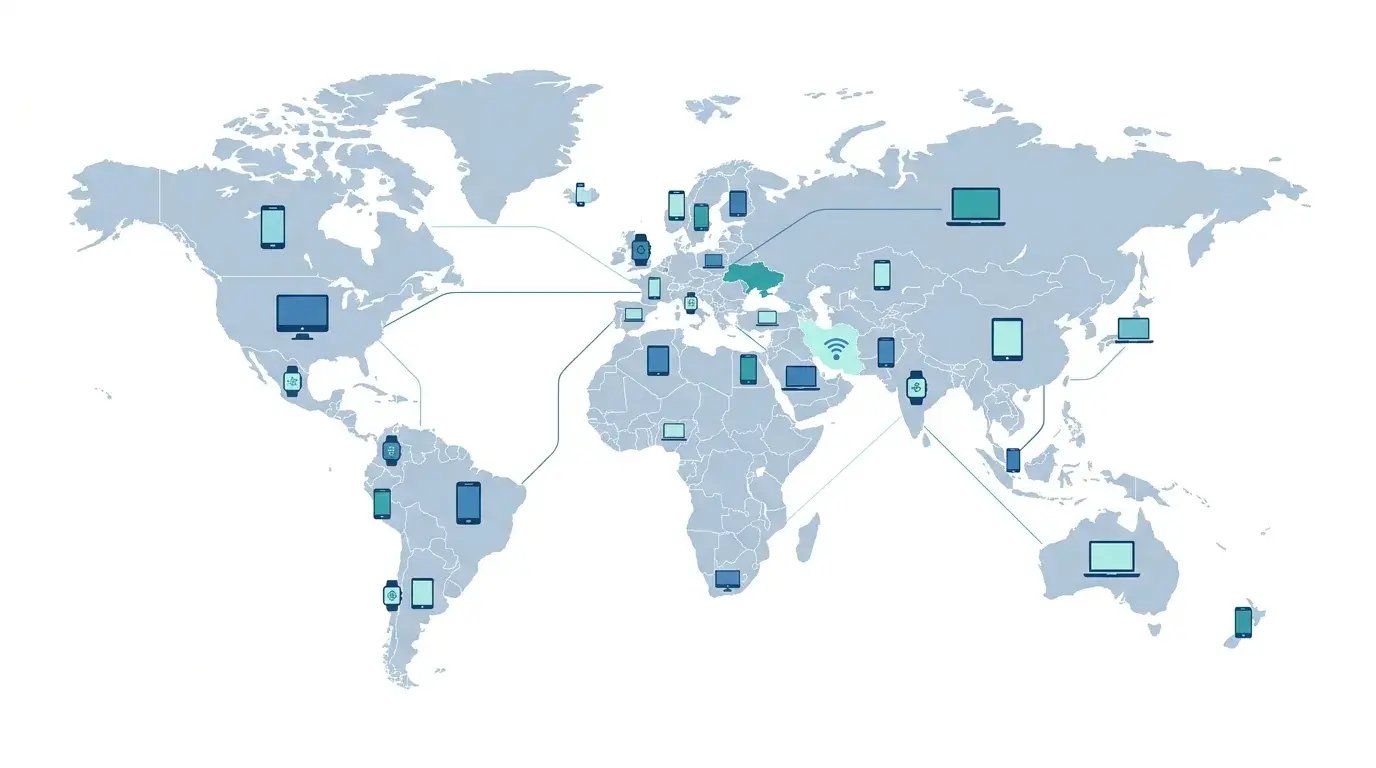 World map with device icons across countries