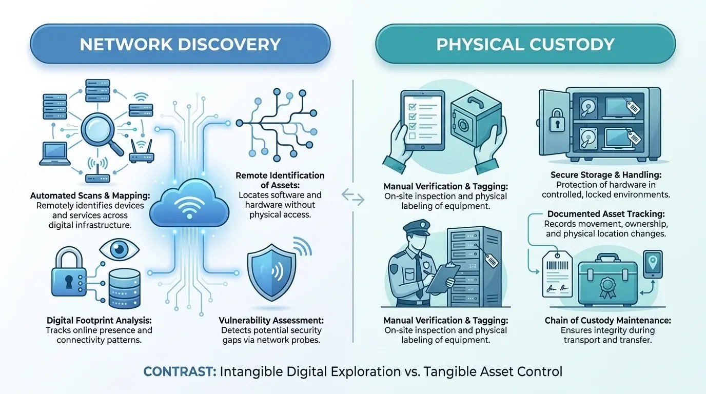 Infographic contrasting network discovery and physical custody
