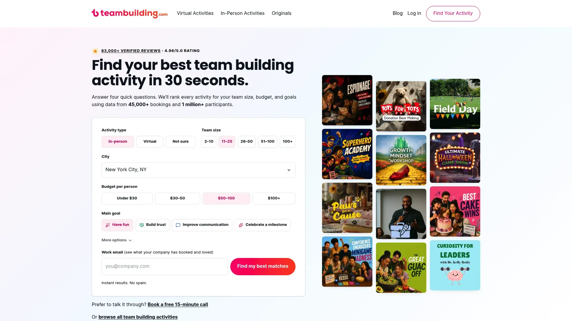Teambuilding.com platform screenshot
