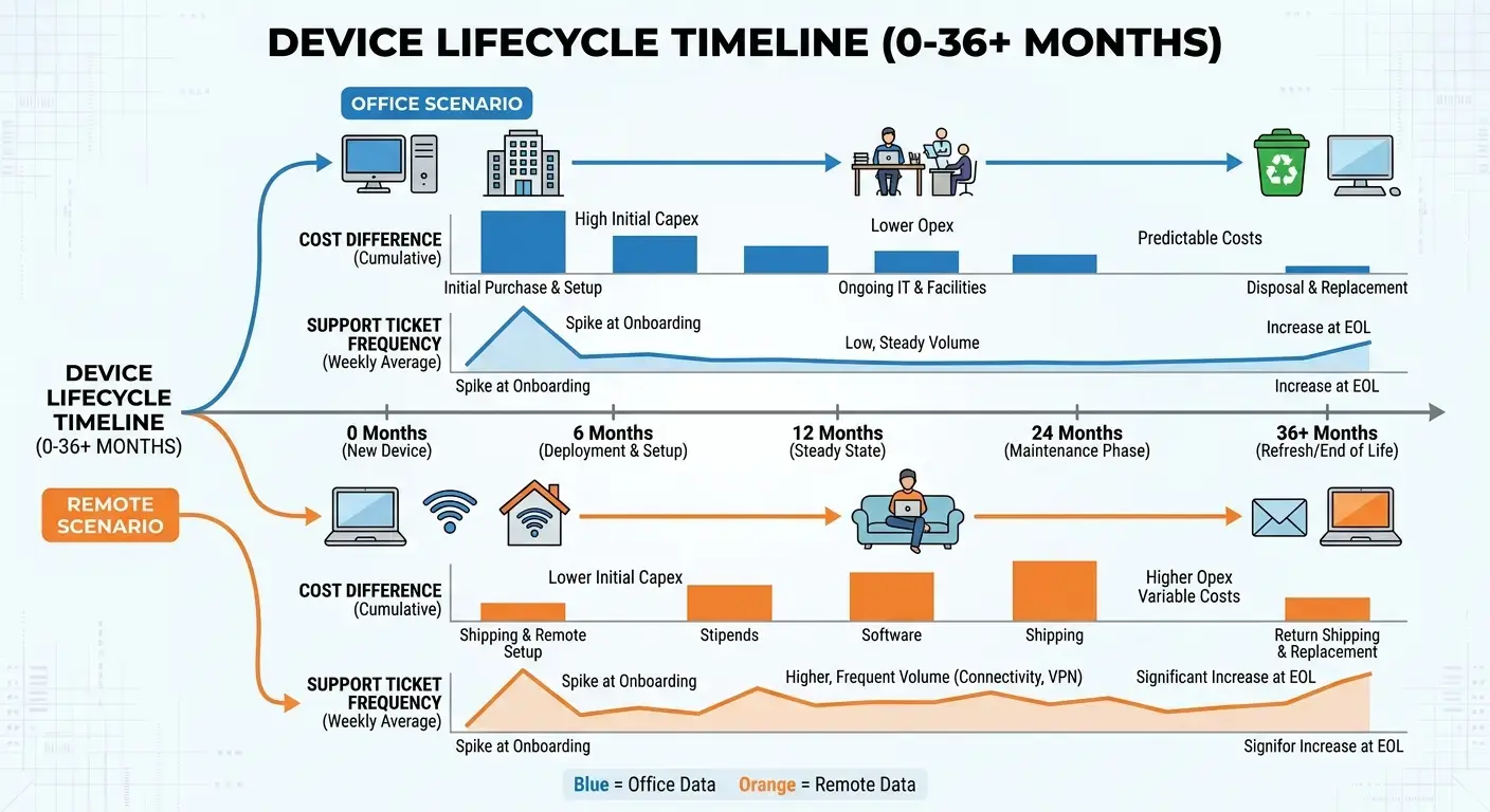 Device lifecycle timeline infographic showing cost increases