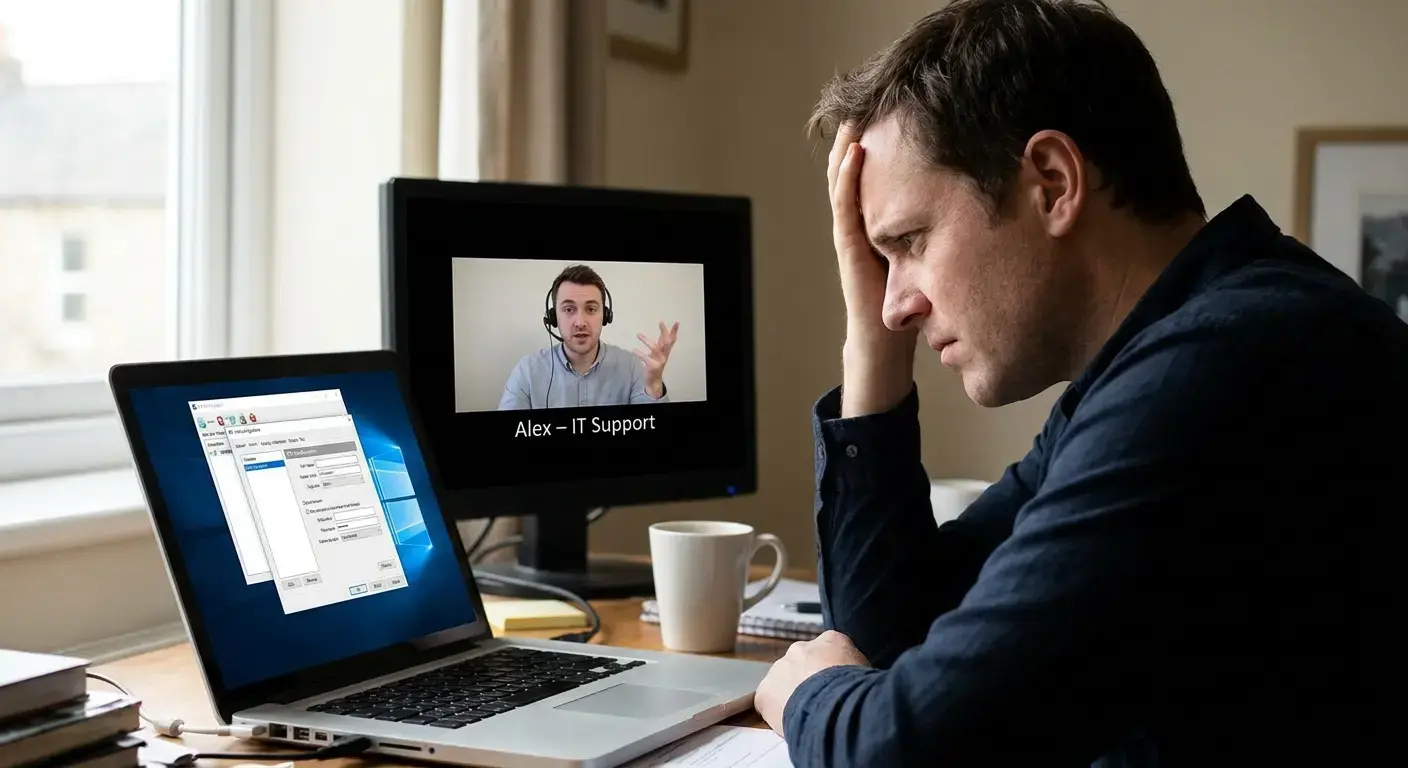 Remote employee struggling with laptop setup