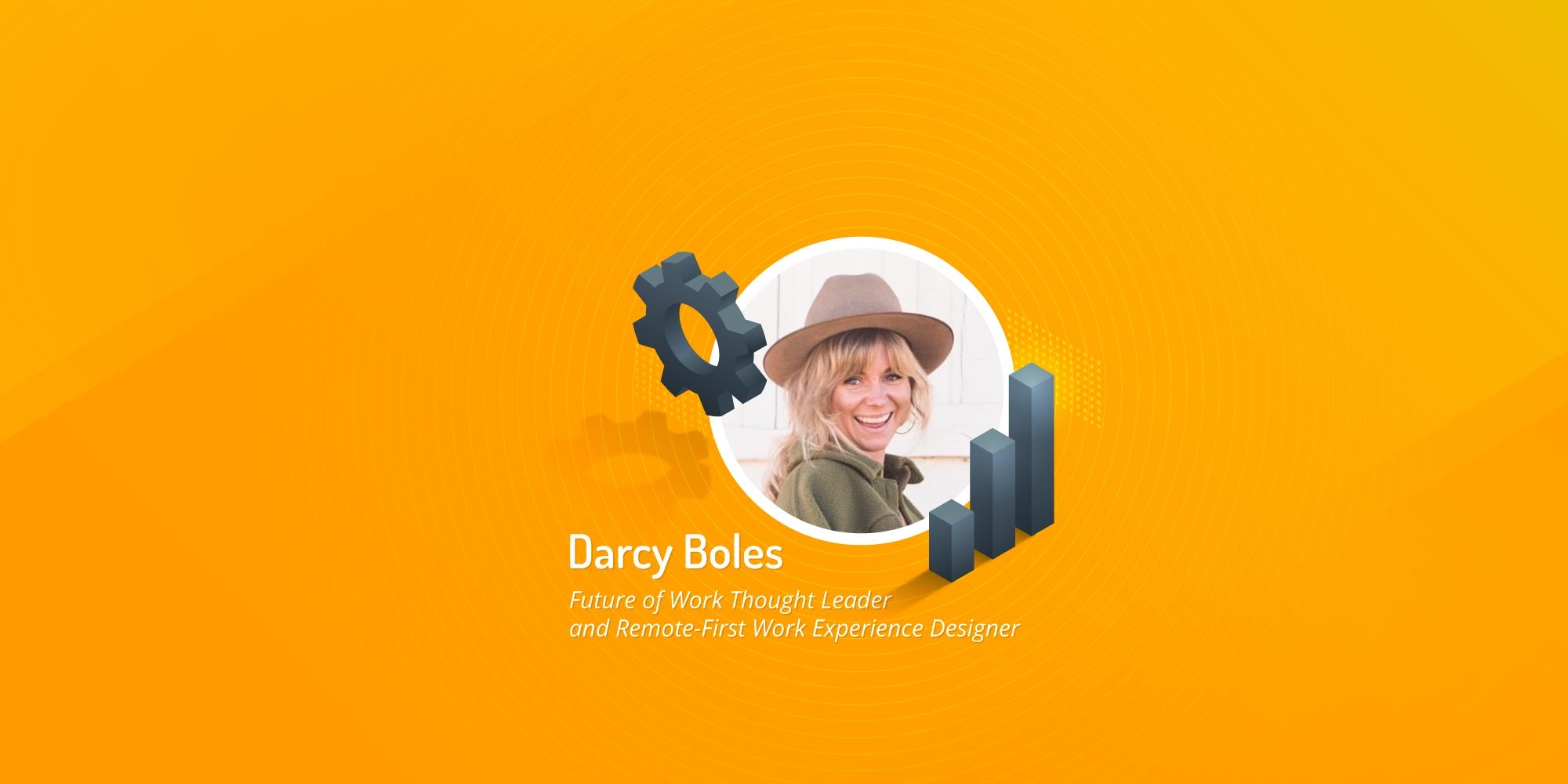 darcy boyles in a roundel on orange background