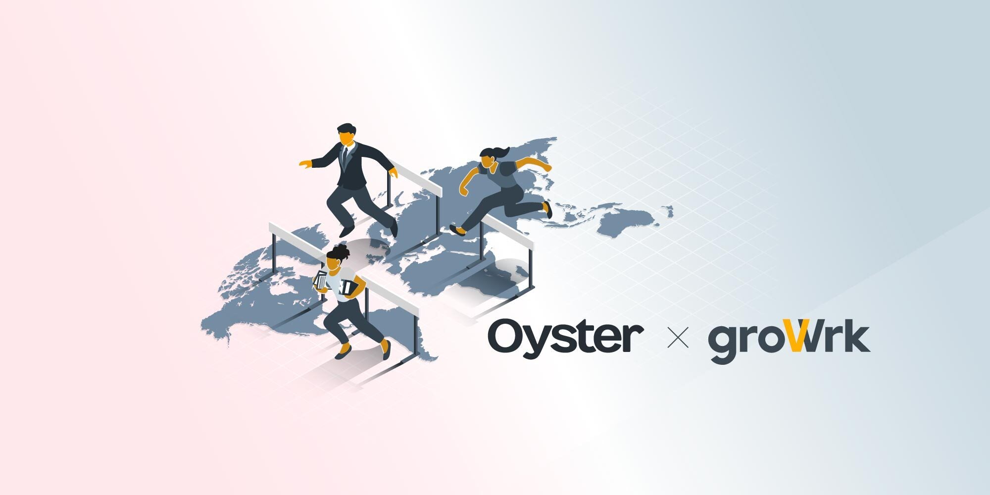 a worldmap on which three people are jumping hurdles and the oyster hr and growrk logo