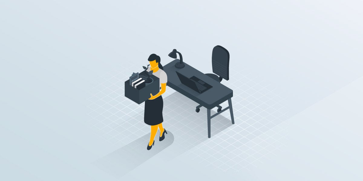 an illustrated woman walking away from a desk with a box in hand
