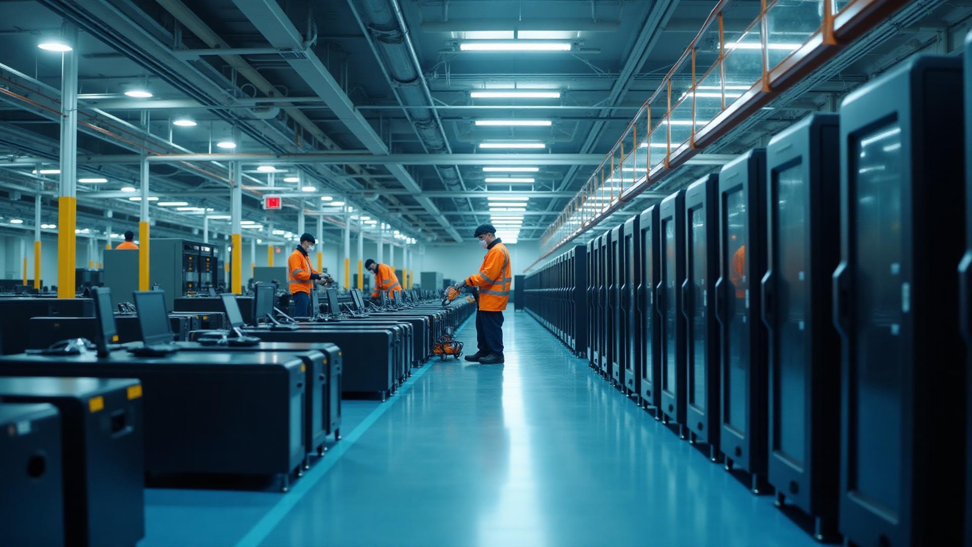 Secure IT asset disposal facility with technicians processing laptops and servers